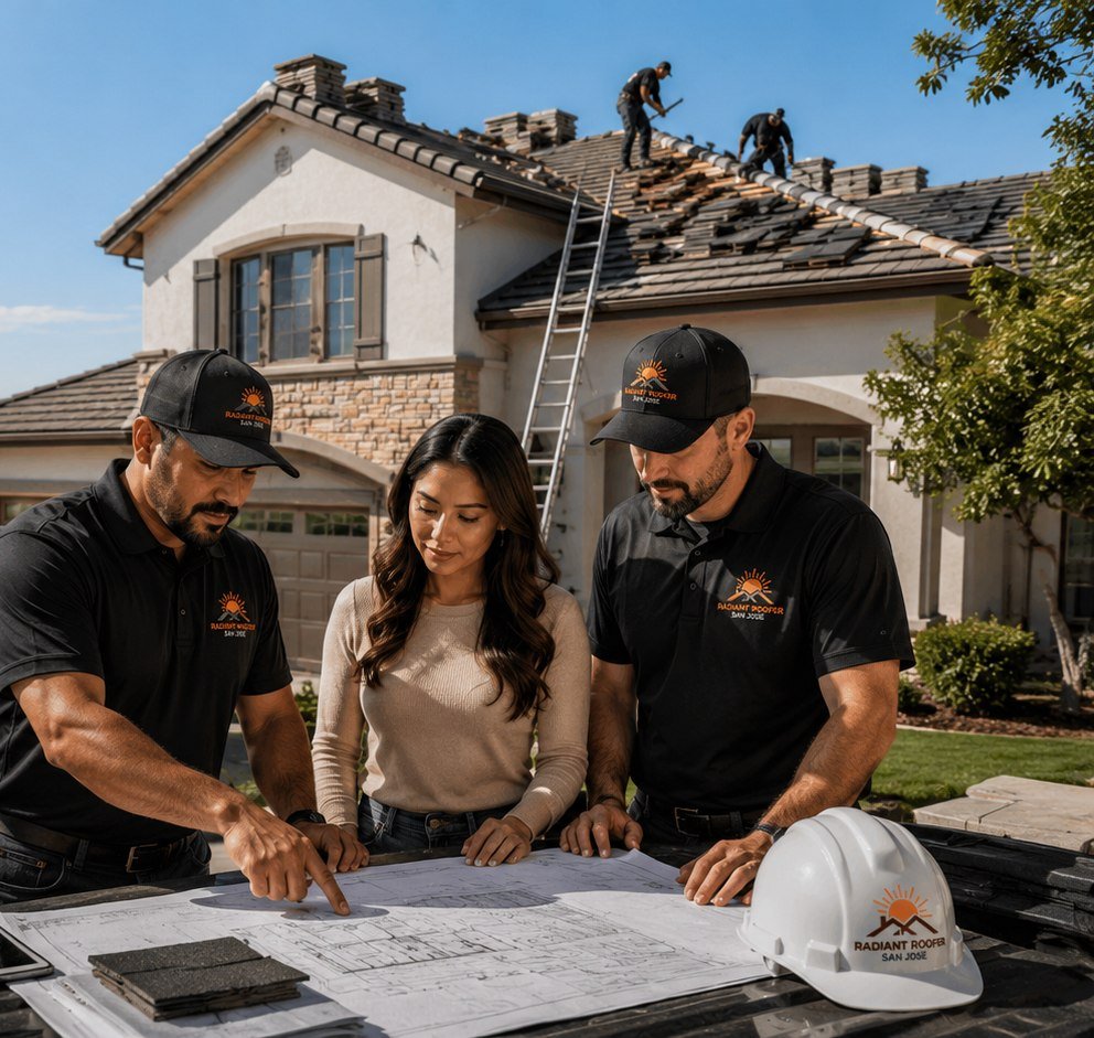 Samuel Foster and the Radiant Roofer San Jose crew reviewing roof plans with a homeowner in front of a stucco home in San Jose, with roofers working on the tile roof in the background